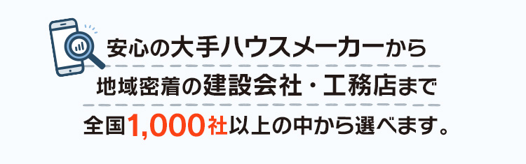安心の大手ハウスメーカーから地域密着の建設会社・工務店まで全国1,000社以上の中から選べます。